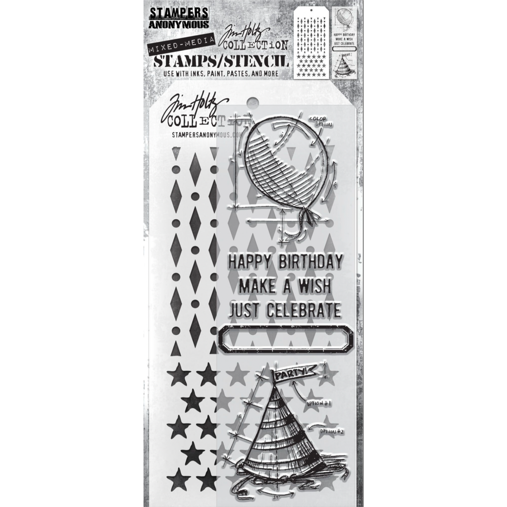 Tim Holtz Clear Stamps and Stencil BIRTHDAY THMM143