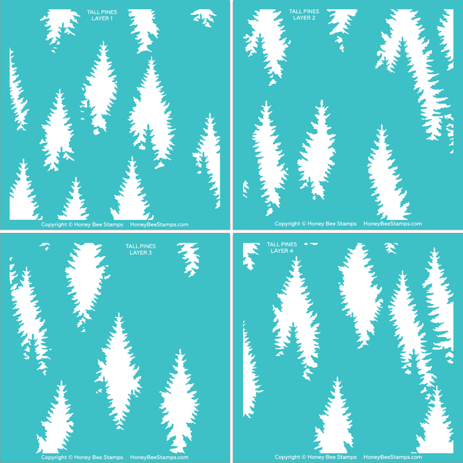 Honey Bee Tall Pines Set Of 4 Layering Stencils hbsl-127 each individual tree stencil