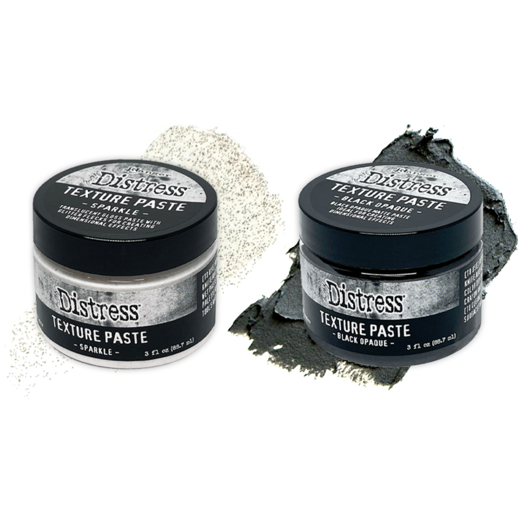 Ranger Tim Holtz Distress Texture Paste Sparkle And Black Opaque Bundle close up