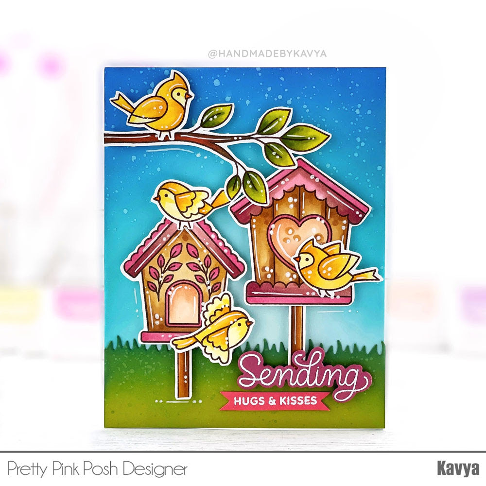 Pretty Pink Posh Spring Birdhouses Clear Stamps sending hugs and kisses