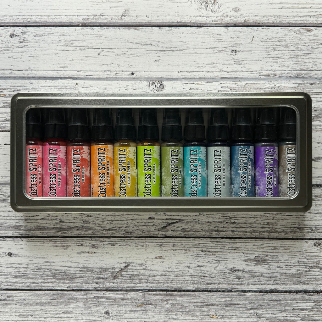 Tim Holtz Distress Spritz Storage Tin tda87014 with sprays inside example