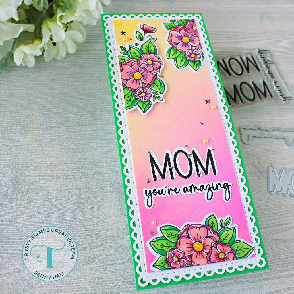 Trinity Stamps Wow Mom 3 x 3 Stamp And Coordinating Die Bundle tps-241 Slimline Floral Pink Yellow Mother's Day Card