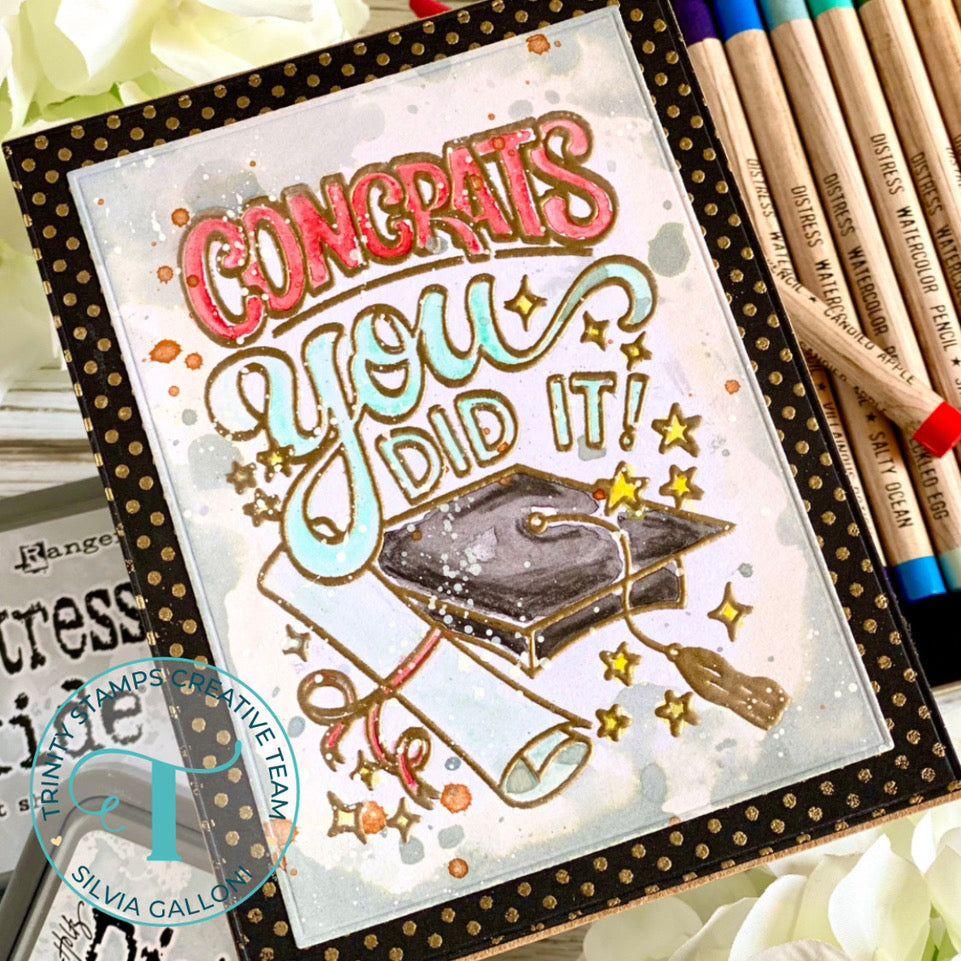 Trinity Stamps You Did It, Grad Clear Stamp Set tps-249 Watercolor Pencil Graduation Card