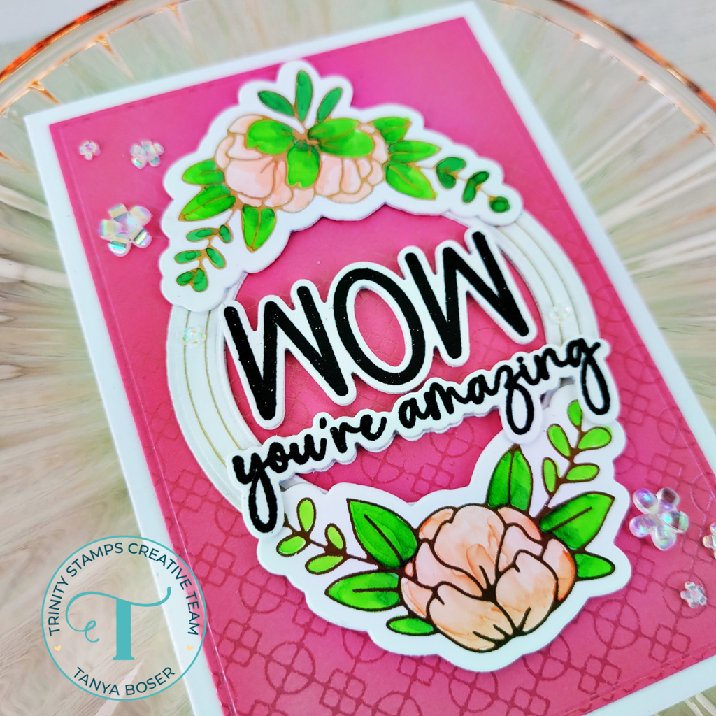 Trinity Stamps Wow Mom 3 x 3 Stamp And Coordinating Die Bundle tps-241 Pink Floral Encouragement Card