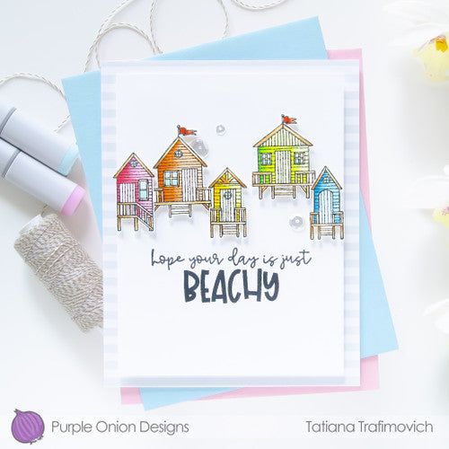 Purple Onion Designs Cabana Row Cling Stamp pod1325 Rainbow Colored Beach Card