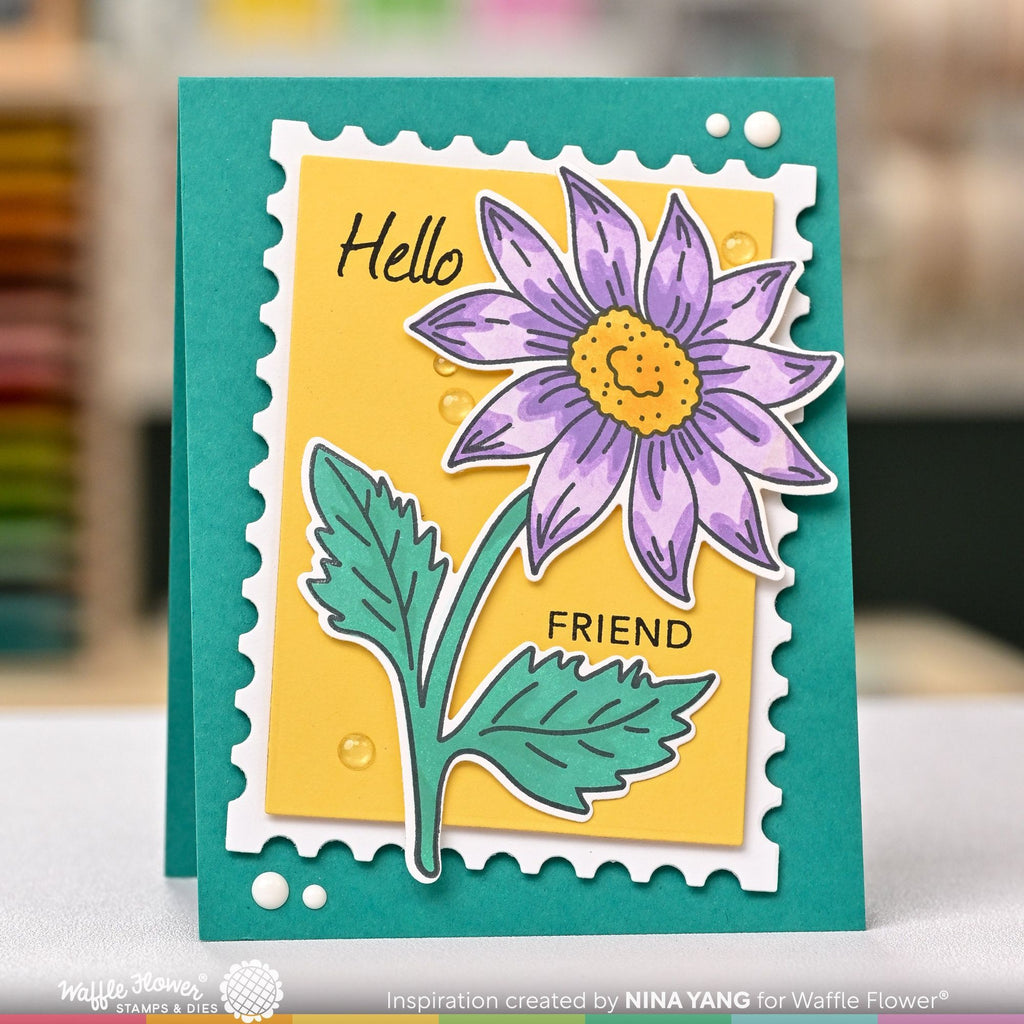 Waffle Flower Sketched Aster Clear Stamps, Stencils and Matching Die Set hello friend