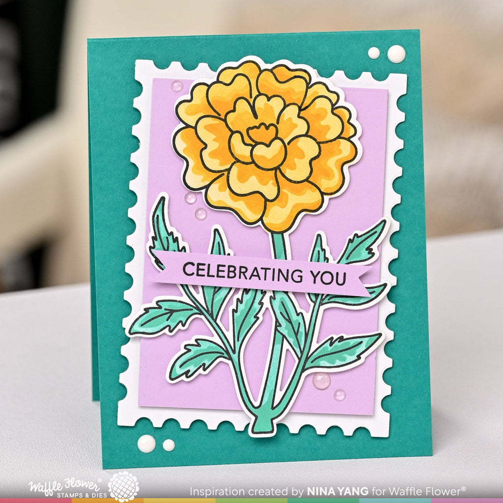 Waffle Flower Sketched Marigold Clear Stamps, Stencils and Matching Die Set celebrating you