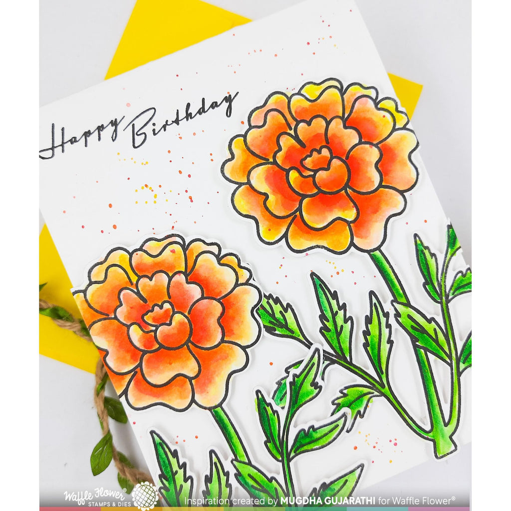 Waffle Flower Sketched Marigold Clear Stamps, Stencils and Matching Die Set happy birthday