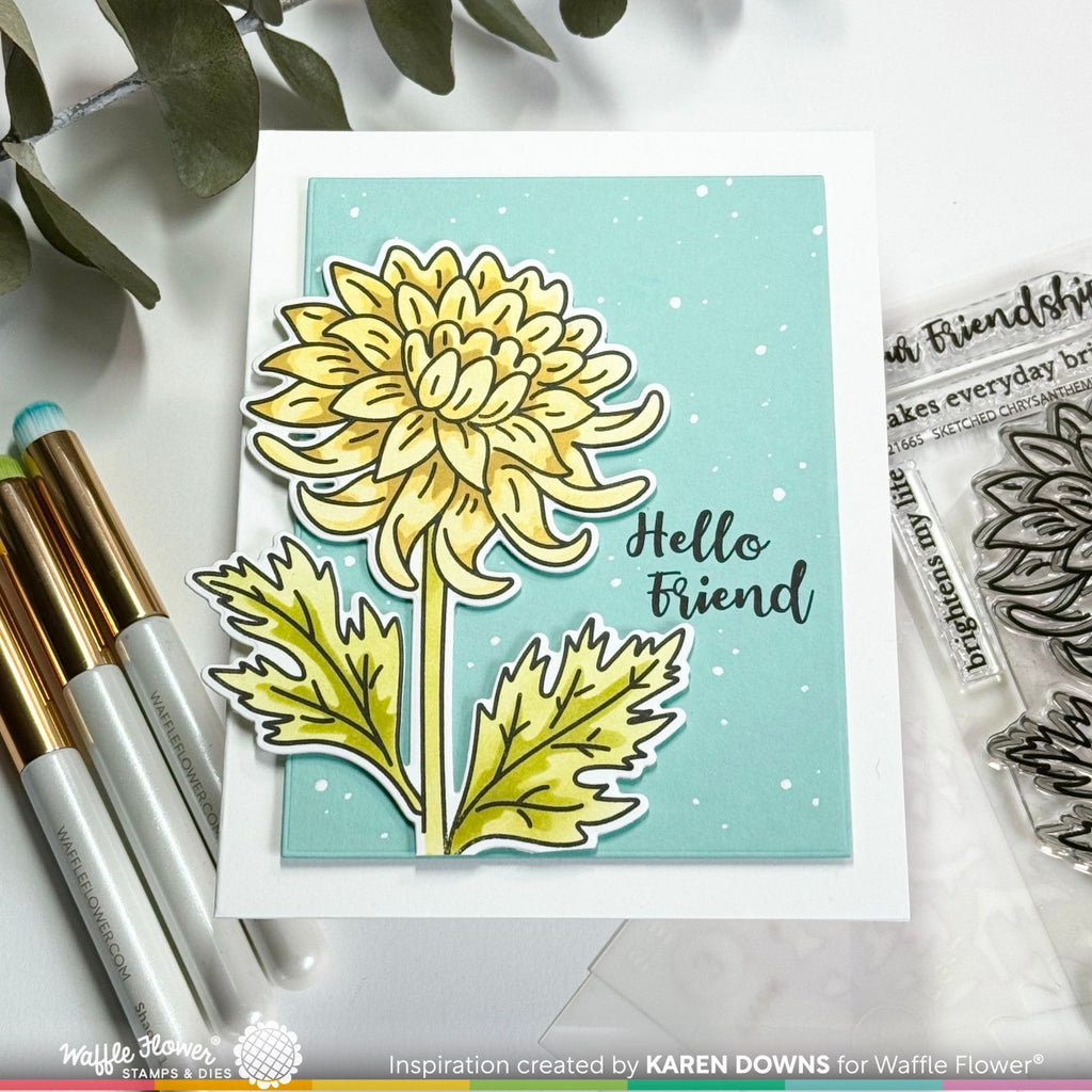 Waffle Flower Sketched Chrysanthemum Clear Stamps, Stencils, and Matching Die Set hello friend