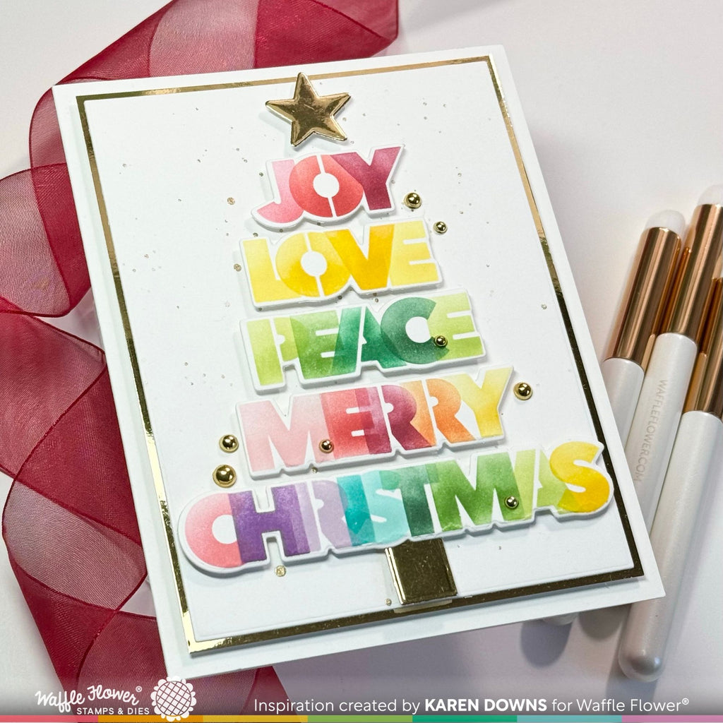 Waffle Flower Overlapping Christmas Words Stencil Trio, Coordinating Dies and Add on Clear Stamp Set peace love and joy