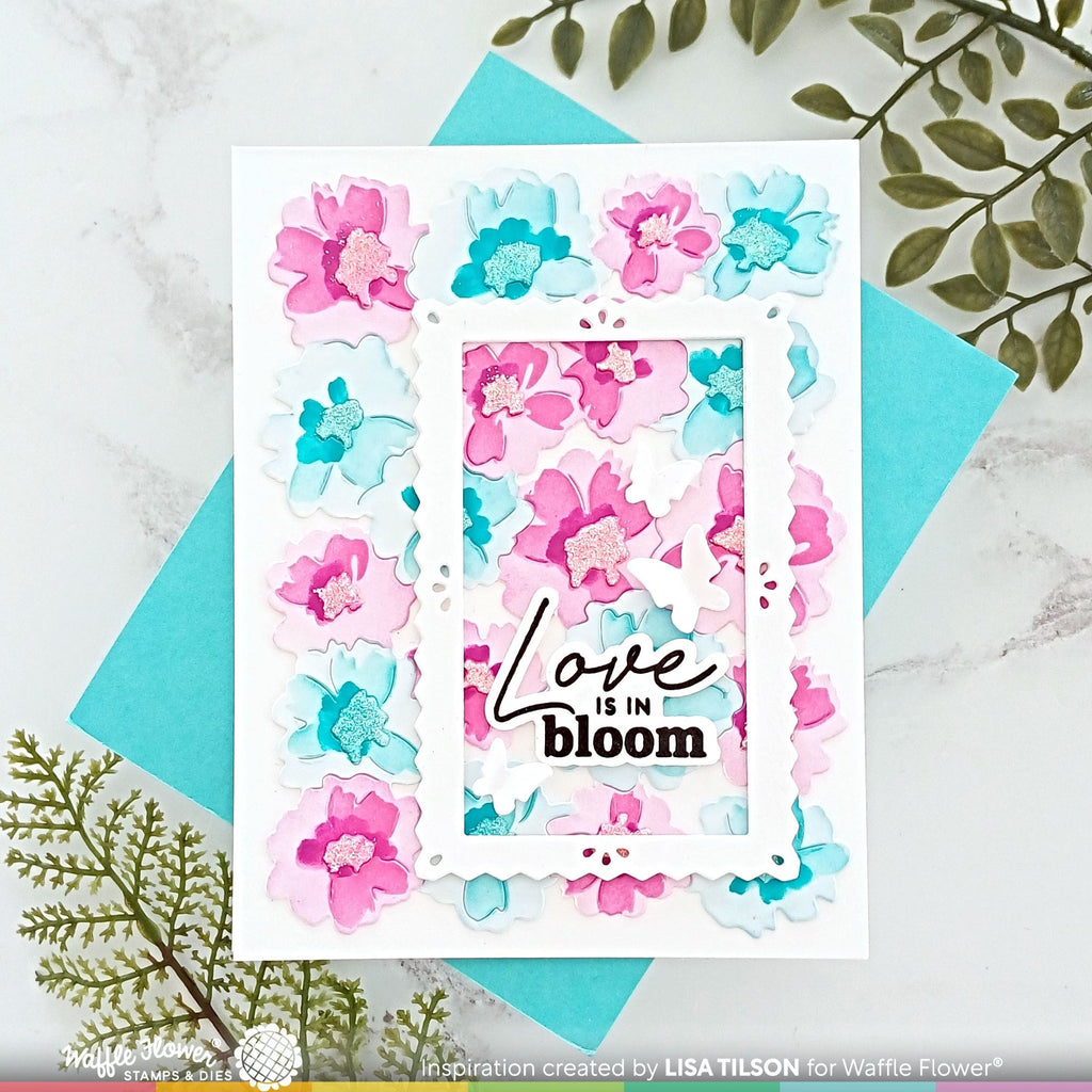 Waffle Flower Painted Flowers Background Die and Coordinating Stencil Set love is in bloom