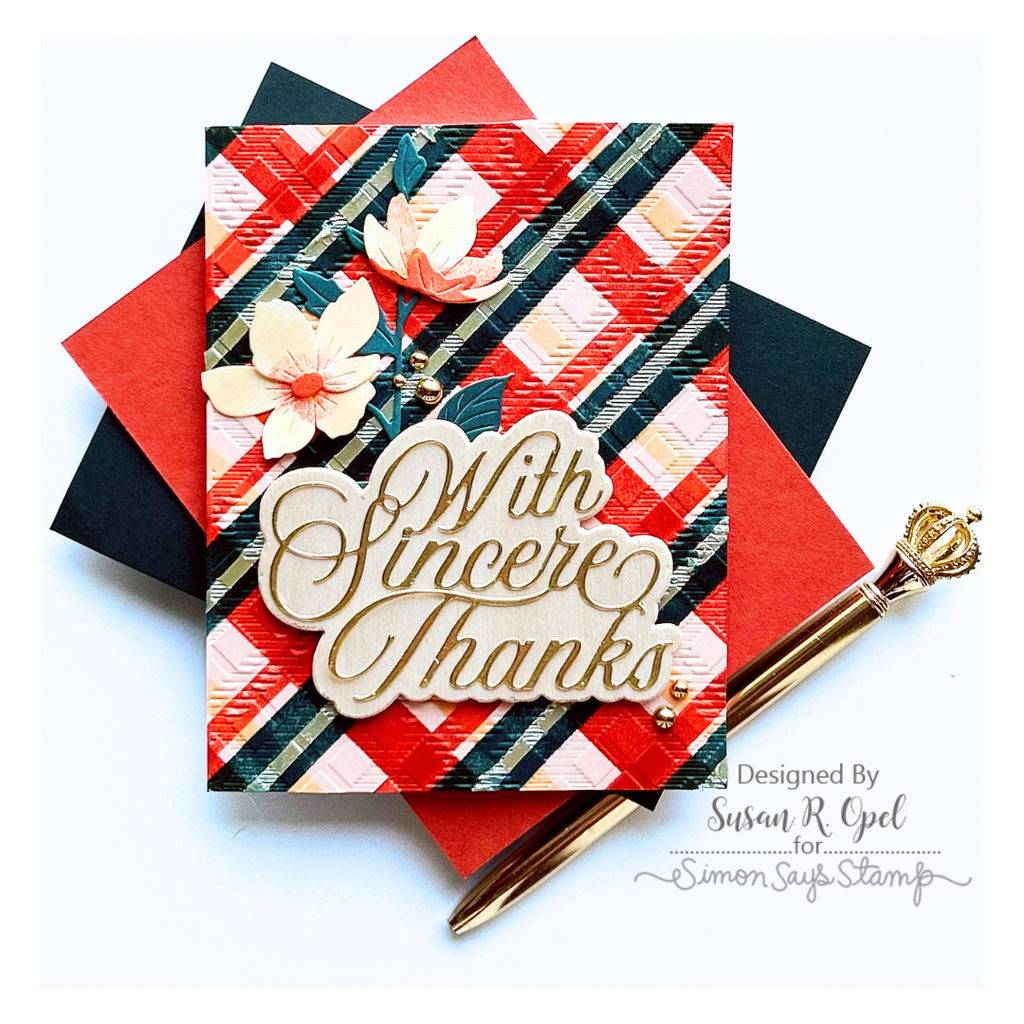 Simon Says Stamp Embossing Folder Dies and Stencil Plaid Bundle set861p Stamptember Thanks Card