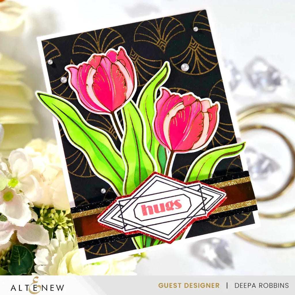 Altenew Spark Joy Blushing Tulip Stencil and Hot Foil Plate Set spring flowers