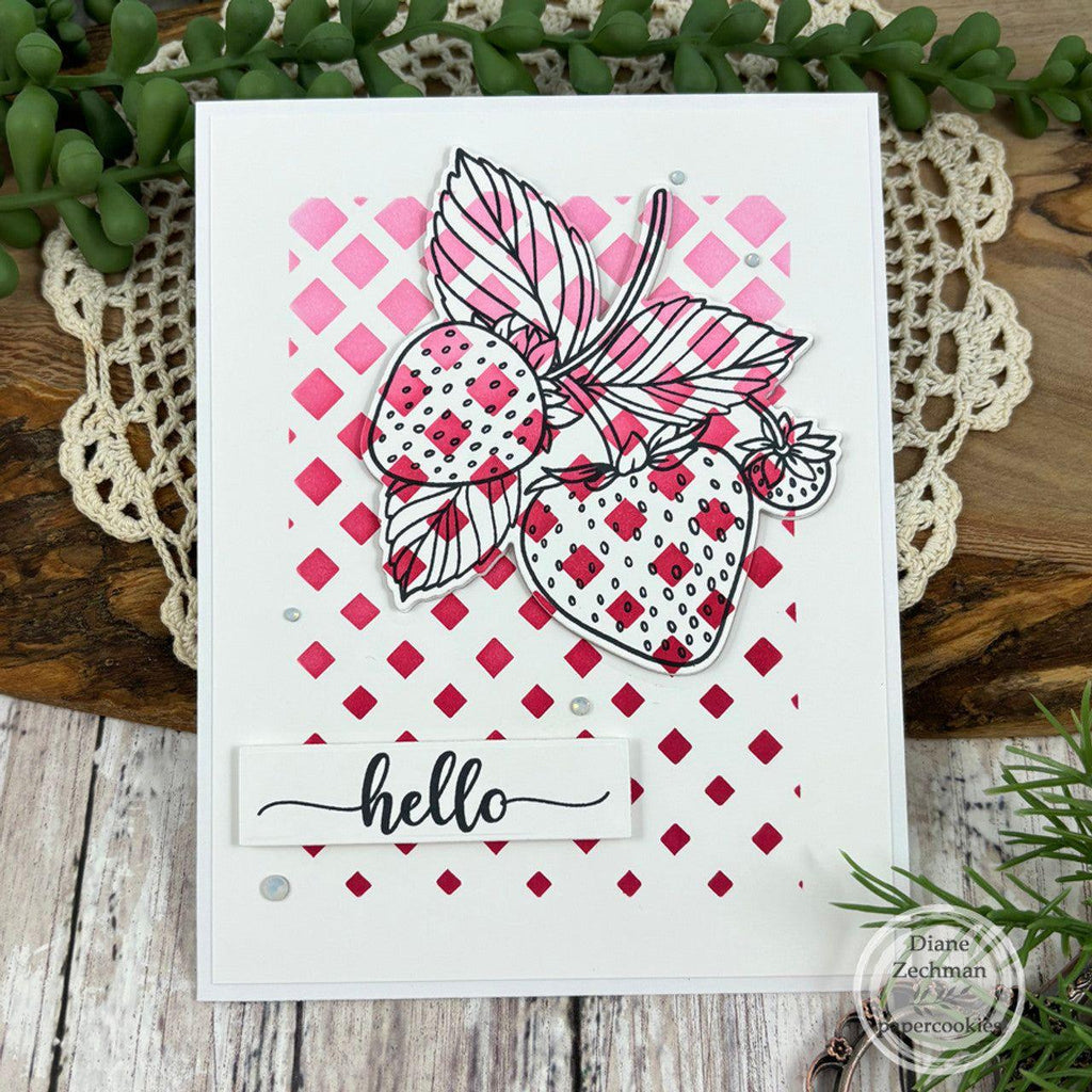 Sweet 'N Sassy Faded Diamonds 6 x 6 Stencil cws-st-24-01 Hello Strawberries Card