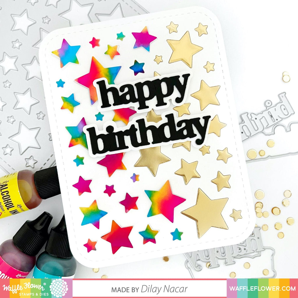 Waffle Flower Classic Happy Birthday Hot Foil Plate and Die 421298 stars