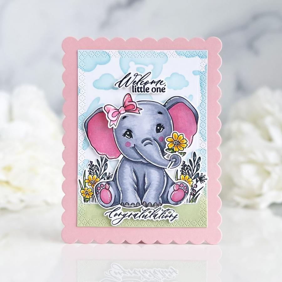 Papertrey Ink Baby Elephant Clear Stamp and Die Set yellow flowers