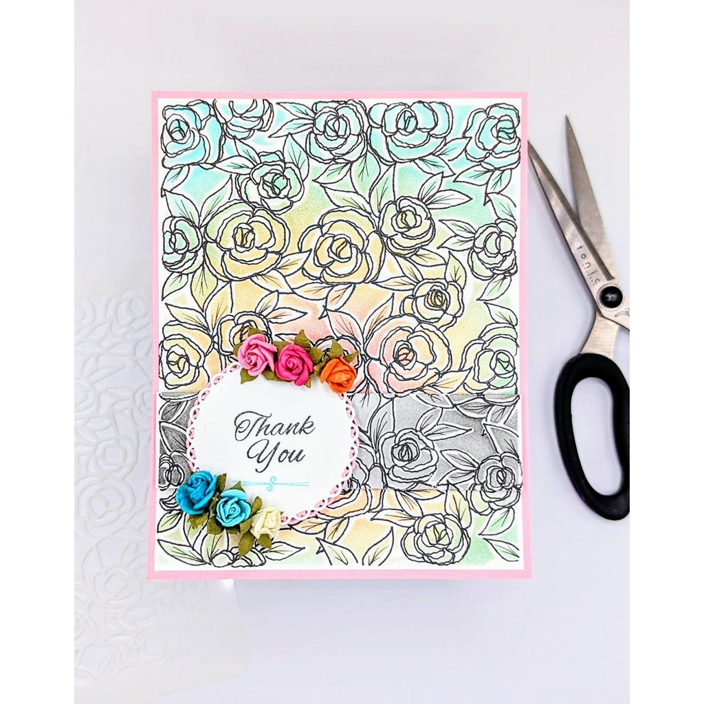 Tonic Rose Garden Background Stencil 5002e thank you card sample outline