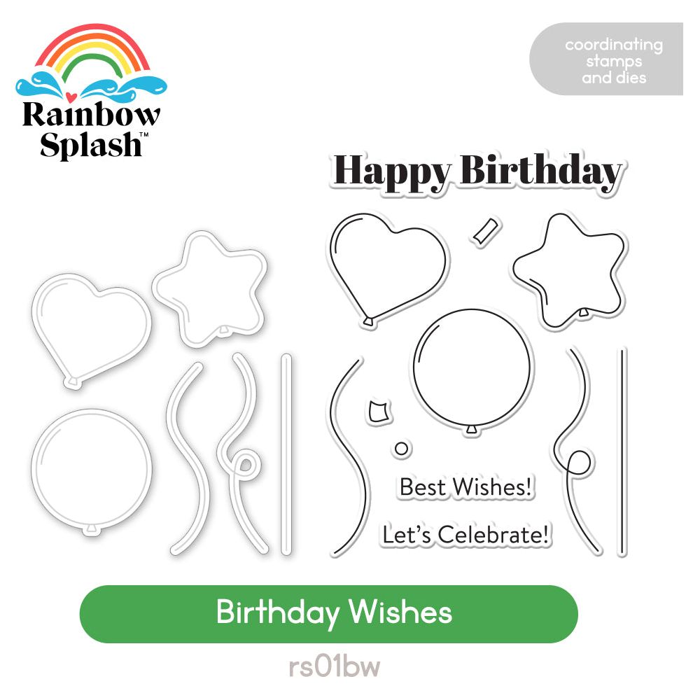 Happy Birthday Rubber Stamp, with Balloon and Confetti