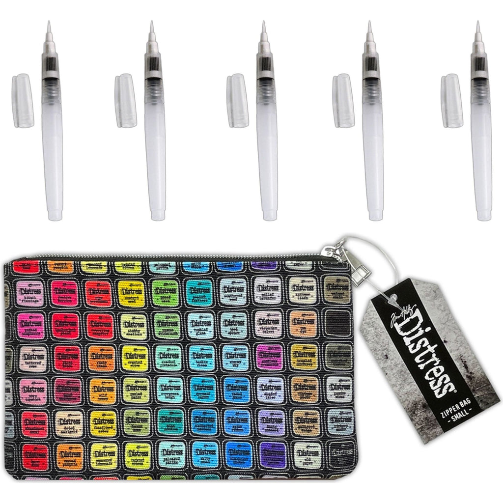 Tim Holtz Small 5 x 8 Distress Zipper Bag And Detailer Water Brushes Bundle