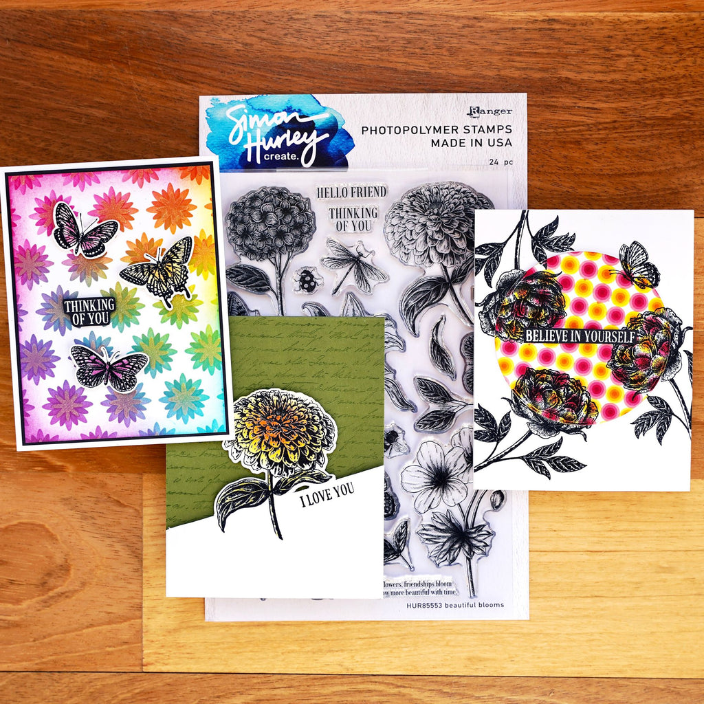 Ranger Simon Hurley Beautiful Blooms Clear Stamps hur85553 cards with stamp set