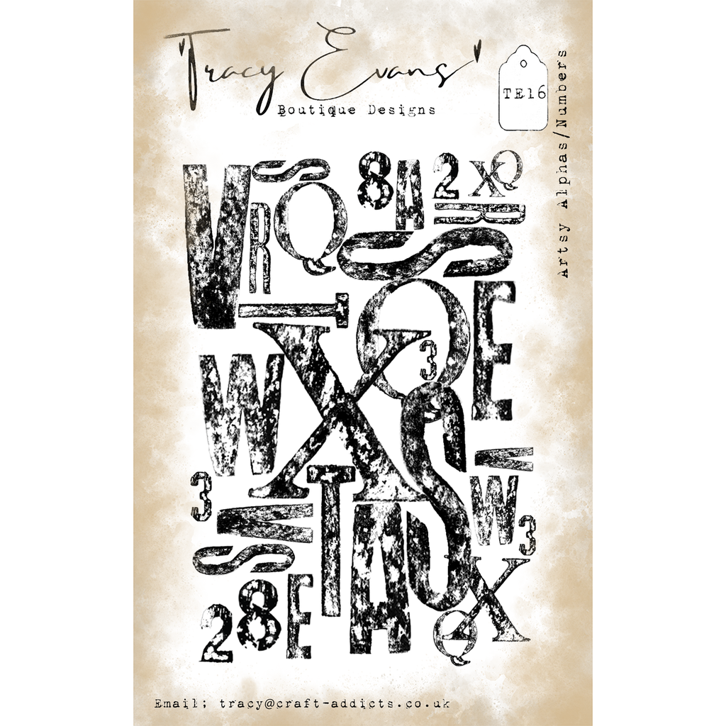 Tracy Evans Boutique Designs Artsy Alpha and Numbers A7 Clear Stamps te16