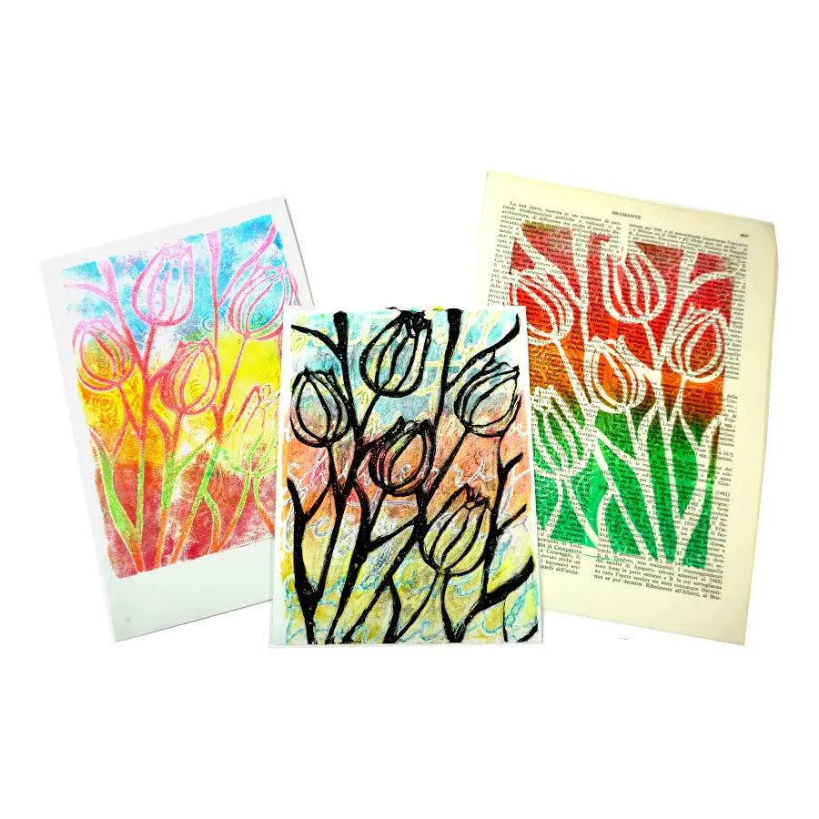 Gelli Arts Tulip Stencil for Printing Plates samples