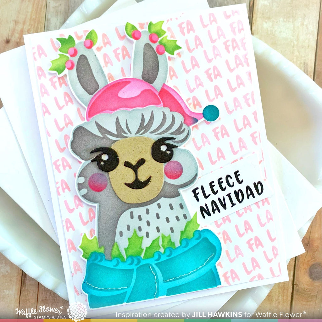 Waffle Flower Fa-la-La Llama Sentiments Clear Stamps and Die-n-stencil Set fa la la