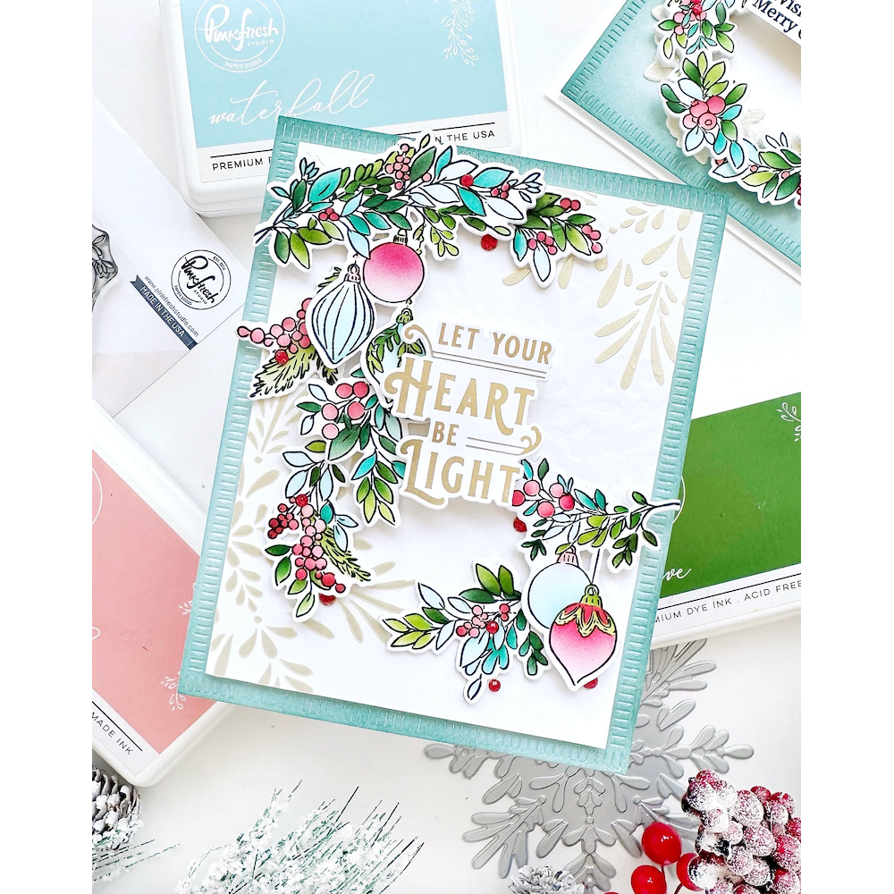 Pinkfresh Studio Holiday Greetings Sentiments Press Plates 253324 Let Your Heart Be Light Card | color-code:ALT03