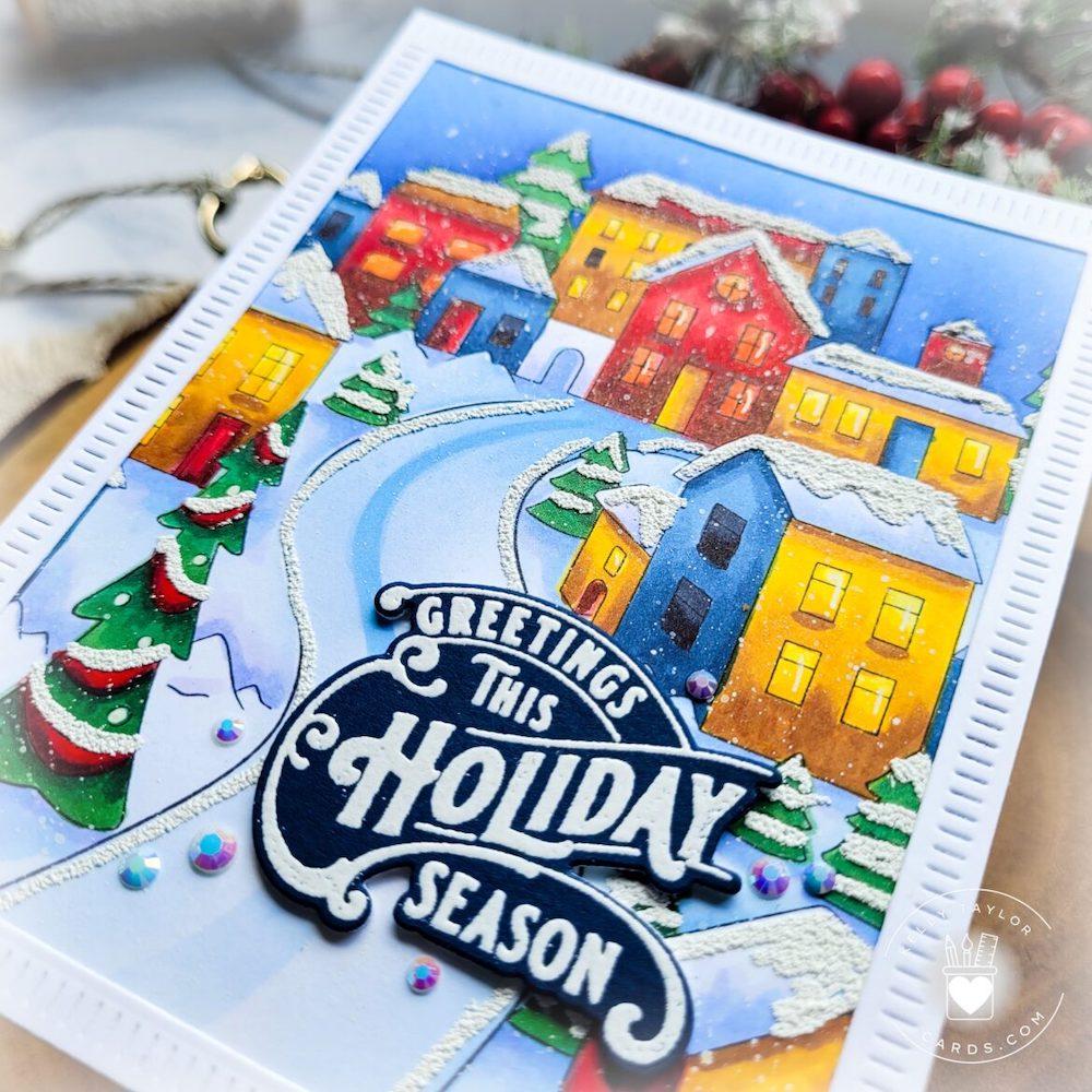 Pinkfresh Studio Holiday Greetings Sentiments Press Plates 253324 Snowy Scene Card | color-code:ALT01