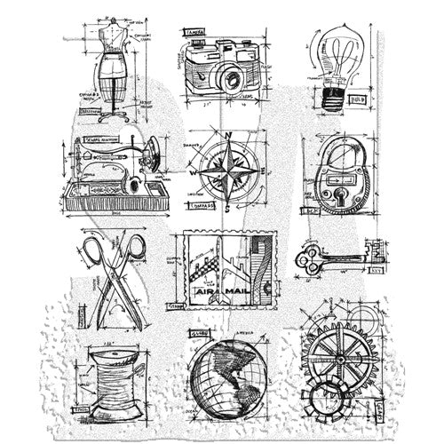 Simon Says Stamp! Tim Holtz Cling Rubber Stamps CMS150 MINI BLUEPRINTS 3 cms150