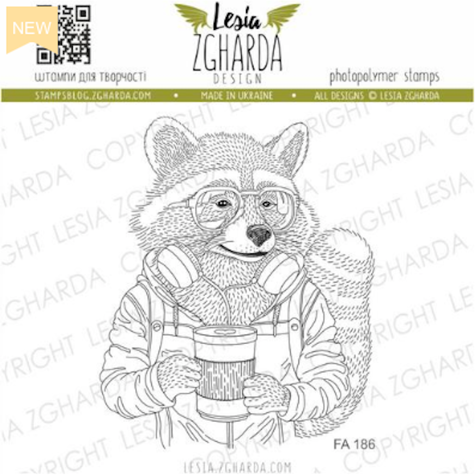 Lesia Zgharda Racoon with Coffee Clear Stamp fa186